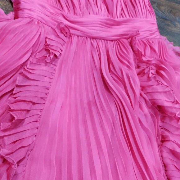 Mac Duggal Pink Ruffled Maxi Dress Flowy Pleated Deep V-Neck Evening Gown Size 4 - Picture 12 of 16